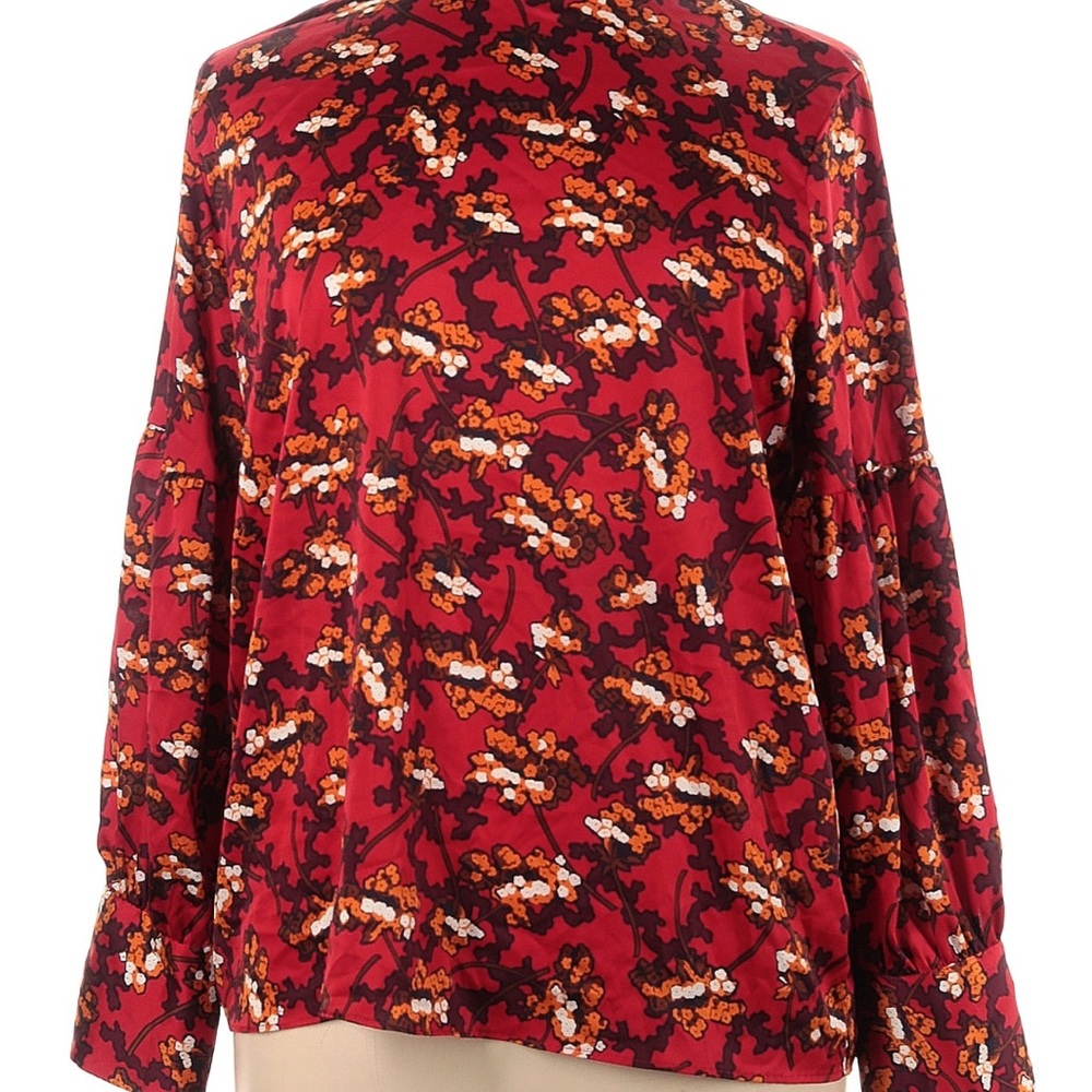 Ann Taylor Red and Black Long Sleeve Blouse with Mandarin Collar